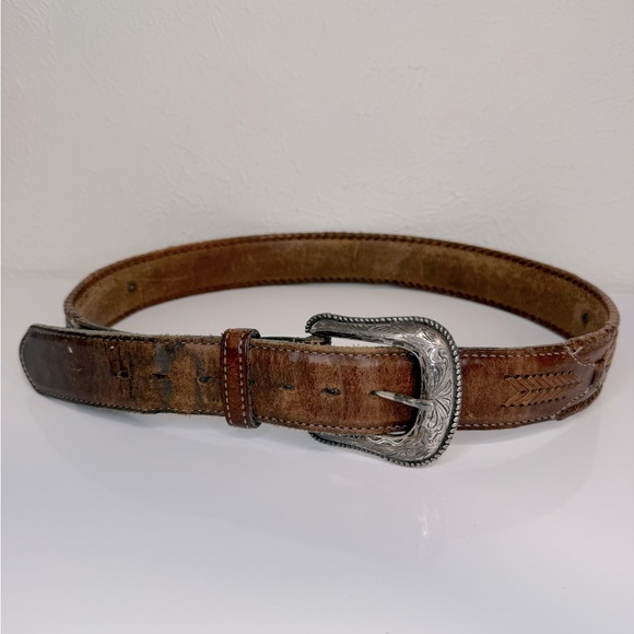 Wrangler Accessories - Wrangler Cowhide Leather Western Brown Belt Silver Buckle Concho Accents Size 35